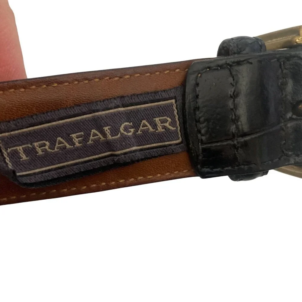 Trafalgar Black Crocodile Embossed Leather Belt Mens 38 Brass Buckle Made In USA